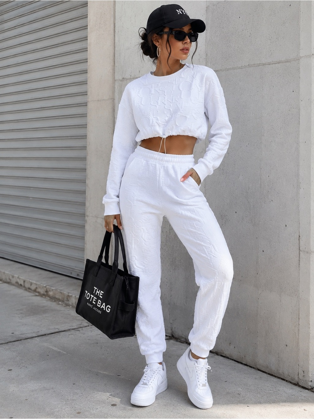 NEW MIX White Embossed Logo Cropped Sweatshirt Jogger Set NWT L